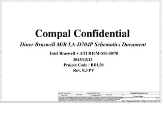 A
A
B
B
C
C
D
D
E
E
1 1
2 2
3 3
4 4
Intel Braswell + ATI R16M-M1-30/70
Diner Braswell M/B LA-D704P Schematics Document
Compal Confidential
2015/12/12
Project Code : BDL50
Rev. 0.3 PV
Title
Size Document Number Rev
Date: Sheet of
Security Classification Compal Secret Data
THIS SHEET OF ENGINEERING DRAWING IS THE PROPRIETARY PROPERTY OF COMPAL ELECTRONICS, INC. AND CONTAINS CONFIDENTIAL
AND TRADE SECRET INFORMATION. THIS SHEET MAY NOT BE TRANSFERED FROM THE CUSTODY OF THE COMPETENT DIVISION OF R&D
DEPARTMENT EXCEPT AS AUTHORIZED BY COMPAL ELECTRONICS, INC. NEITHER THIS SHEET NOR THE INFORMATION IT CONTAINS
MAY BE USED BY OR DISCLOSED TO ANY THIRD PARTY WITHOUT PRIOR WRITTEN CONSENT OF COMPAL ELECTRONICS, INC.
Issued Date Deciphered Date
1.0
Cover Page
B
1 50
Thursday, January 07, 2016
2015/10/05 2015/10/05
Compal Electronics, Inc.
Title
Size Document Number Rev
Date: Sheet of
Security Classification Compal Secret Data
THIS SHEET OF ENGINEERING DRAWING IS THE PROPRIETARY PROPERTY OF COMPAL ELECTRONICS, INC. AND CONTAINS CONFIDENTIAL
AND TRADE SECRET INFORMATION. THIS SHEET MAY NOT BE TRANSFERED FROM THE CUSTODY OF THE COMPETENT DIVISION OF R&D
DEPARTMENT EXCEPT AS AUTHORIZED BY COMPAL ELECTRONICS, INC. NEITHER THIS SHEET NOR THE INFORMATION IT CONTAINS
MAY BE USED BY OR DISCLOSED TO ANY THIRD PARTY WITHOUT PRIOR WRITTEN CONSENT OF COMPAL ELECTRONICS, INC.
Issued Date Deciphered Date
1.0
Cover Page
B
1 50
Thursday, January 07, 2016
2015/10/05 2015/10/05
Compal Electronics, Inc.
Title
Size Document Number Rev
Date: Sheet of
Security Classification Compal Secret Data
THIS SHEET OF ENGINEERING DRAWING IS THE PROPRIETARY PROPERTY OF COMPAL ELECTRONICS, INC. AND CONTAINS CONFIDENTIAL
AND TRADE SECRET INFORMATION. THIS SHEET MAY NOT BE TRANSFERED FROM THE CUSTODY OF THE COMPETENT DIVISION OF R&D
DEPARTMENT EXCEPT AS AUTHORIZED BY COMPAL ELECTRONICS, INC. NEITHER THIS SHEET NOR THE INFORMATION IT CONTAINS
MAY BE USED BY OR DISCLOSED TO ANY THIRD PARTY WITHOUT PRIOR WRITTEN CONSENT OF COMPAL ELECTRONICS, INC.
Issued Date Deciphered Date
1.0
Cover Page
B
1 50
Thursday, January 07, 2016
2015/10/05 2015/10/05
Compal Electronics, Inc.
 