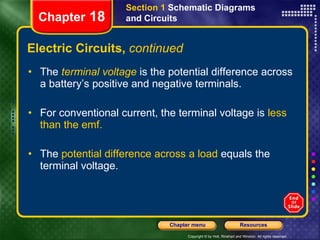 Electric Circuits,  continued The   terminal voltage   is the potential difference across a battery’s positive and negative terminals. For conventional current, the terminal voltage is  less than the emf. The  potential difference across a load  equals the terminal voltage. Section 1  Schematic Diagrams and Circuits Chapter  18 