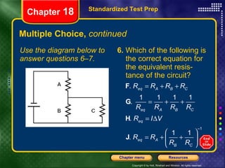 Multiple Choice,  continued Use the diagram below to answer questions 6–7. 6.  Which of the following is the correct equation for the equivalent resis-tance of the circuit? Standardized Test Prep Chapter  18 