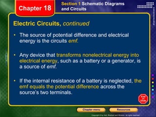Electric Circuits,  continued The source of potential difference and electrical energy is the circuits   emf. Any device that  transforms nonelectrical energy into electrical energy , such as a battery or a generator, is a source of  emf. If the internal resistance of a battery is neglected,  the emf equals the potential difference  across the source’s two terminals. Section 1  Schematic Diagrams and Circuits Chapter  18 