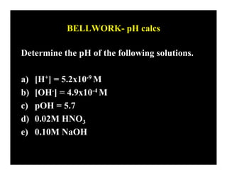 BELLWORK- pH calcs

Determine the pH of the following solutions.

a)   [H+] = 5.2x10-9 M
b)   [OH-] = 4.9x10-4 M
c)   pOH = 5.7
d)   0.02M HNO3
e)   0.10M NaOH
 