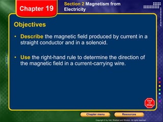 Objectives Describe   the magnetic field produced by current in a straight conductor and in a solenoid. Use   the right-hand rule to determine the direction of the magnetic field in a current-carrying wire. Section 2  Magnetism from Electricity Chapter  19 