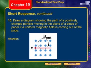 Short Response,  continued 15.  Draw a diagram showing the path of a positively charged particle moving in the plane of a piece of paper if a uniform magnetic field is coming out of the page. Answer: Chapter  19 Standardized Test Prep 