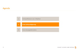 S E L B S T S I C H E R Z U M E R F O L G
Agenda
12
1
3
2
Entmystifizieren von 2 Mythen
Eine Lösungsalternative
Erste Schlussfolgerung
 