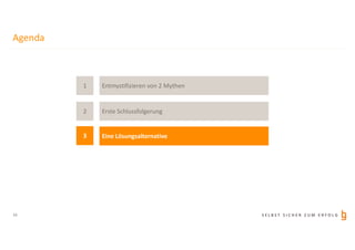 S E L B S T S I C H E R Z U M E R F O L G
Agenda
16
1
3
2
Entmystifizieren von 2 Mythen
Eine Lösungsalternative
Erste Schlussfolgerung
 