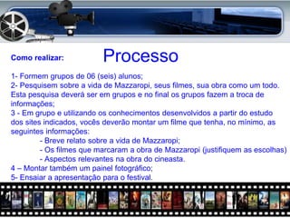 Como realizar:            Processo
1- Formem grupos de 06 (seis) alunos;
2- Pesquisem sobre a vida de Mazzaropi, seus filmes, sua obra como um todo.
Esta pesquisa deverá ser em grupos e no final os grupos fazem a troca de
informações;
3 - Em grupo e utilizando os conhecimentos desenvolvidos a partir do estudo
dos sites indicados, vocês deverão montar um filme que tenha, no mínimo, as
seguintes informações:
         - Breve relato sobre a vida de Mazzaropi;
         - Os filmes que marcaram a obra de Mazzaropi (justifiquem as escolhas)
         - Aspectos relevantes na obra do cineasta.
4 – Montar também um painel fotográfico;
5- Ensaiar a apresentação para o festival.
 
