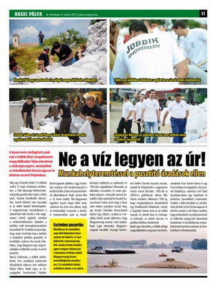 HAZAI PÁLYA I. évfolyam 2. szám 2011. november-december 11HAZAI PÁLYA III. évfolyam 3. szám 2013. július-augusztus
A dunai árvíz rávilágított azok-
nak a Jobbik által szorgalmazott
vízgazdálkodási fejlesztéseknek
a szükségességére, amelyekkel
az árhullámokat biztonságosan le
lehetne vezetni folyóinkon.
Ne a víz legyen az úr!
Esztelen pazarlás
Mindösszeötszázalékot,
azaz600köbméterthasz-
nálunkfelabbóla12ezer
köbmétervízmennyiség-
ből,amelyéventeminden
egyesmagyarlakosrajut
ahazánkonátfolyóvízből.
Magyarországösszes
termőföldjénekmindös�-
sze1,8százalékátöntözi,
miközbenehhezavízadott.
Alig egy évtizeden belül 1,8 milliárd
ember él majd vízhiányos területe-
ken, a Föld lakossága kétharmadá-
nak pedig gondot okoz majd a vízhez
jutás. Hazánk bővelkedik édesvíz-
ben. Ennek ellenére nem használja
ki az ebből fakadó lehetőségeket.
A magyarországi vízszabályozás a
tabutémák közé került a bős-nagy-
marosi erőmű ügyével, amelyet
a rendszerváltoztatás hajnalán a
politikai erők önmeghatározásként
használtak fel. A Jobbik azt javasolja,
hogy végre tisztítsák meg a kérdést
a rárakódott politikai guanótól, és
kezdődjön szakmai vita annak érde-
kében, hogy Magyarország megme-
neküljönamilliárdosaszály-ésárvízi
károktól.
Balczó Zoltánnak, a Jobbik alelnö-
kének erre vonatkozó parlamenti
felszólalását válaszra sem méltatta
Orbán Viktor. Kepli Lajos, az Or-
szággyűlés Fenntartható Fejlődés
Munkahelyteremtéssel a pusztító áradások ellen
Bizottságának jobbikos tagja koráb-
ban szakmai vitát kezdeményezett a
kérdésrőlIllésZoltánkörnyezetvédel-
mi államtitkárral. Kepli szerint Illés
a 16 évvel ezelőtt Bős-Nagymaros
ügyében hozott hágai ítélet meg-
születése óta részt vesz abban, hogy
ne rendeződjön ésszerűen a kérdés.
A rendszerváltás után az Antall-
kormány leállította az építkezést és
1992-ben egyoldalúan felmondta az
államközi szerződést. Ez óriási gon-
dokat okozott, a hozzánk tartozó du-
nakiliti zsilip segítségével hazánk ha-
tározhatott volna arról, hogy a Duna
vizét milyen arányban osszuk meg,
így viszont Szlovákia Dunacsúnnál
épített egy zsilipet, s ezáltal az ő ke-
zükbe került annak eldöntése, hogy
Magyarország mennyi vizet kaphat.
Kepli Lajos elmondta, Magyaror-
szágnak horribilis összegű kártérí-
tést kellett fizetnie Ausztria részére,
amiből ők felépítették a nagymarosi
erőmű mását Bécsben. 1992-től az
SZDSZ-es politikusok, illetve Illés
Zoltán mindent elkövetett 1995-ig,
hogy megakadályozza Dunakilitinél
egy fenékküszöb felépítését, emiatt
a Szigetköz három éven át víz nélkül
maradt. Az elmúlt húsz év mérlege:
se áramunk, se vizünk nincsen, se
politikai felelőse mindennek.
Kepli Lajos elmondta, a Jobbik átfogó
vízgazdálkodási programot készített,
amelynek része három dunai és egy
tiszaivízlépcsőmegépítése,duzzasz-
tók kialakítása, valamint a két folyó
összekapcsolása egy hajózható és
öntözésre használható csatornával.
Ezekkel a fejlesztésekkel az árhullá-
mok jelentős részét biztonságosan le
lehetne vezetni a két folyón anélkül,
hogyemberéletetveszélyeztetnének
és milliárdos anyagi kárt okoznának
hazánknak.Avízszabályozásmegva-
lósításávaltartósanszázezerújmun-
kahelyet is létrehoznának.
Novák Előd egy szentendrei nyúlgát megerősítésén dolgozott
Staudt Gábor és Gaudi-Nagy Tamás Budafokon hordta
a gátra való homokzsákokat
Több ezer jobbikos önkéntes segítette az árvíz elleni védekezést
Gyöngyösi Márton és jobbikos társai sem ijedtek meg
a kétkezi munkától
 