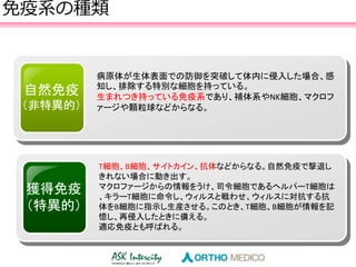 免疫系の種類
自然免疫
（非特異的）
病原体が生体表面での防御を突破して体内に侵入した場合、感
知し、排除する特別な細胞を持っている。
生まれつき持っている免疫系であり、補体系やNK細胞、マクロフ
ァージや顆粒球などからなる。
獲得免疫
（特異的）
T細胞、B細胞、サイトカイン、抗体などからなる。自然免疫で撃退し
きれない場合に動き出す。
マクロファージからの情報をうけ、司令細胞であるヘルパーT細胞は
、キラーT細胞に命令し、ウィルスと戦わせ、ウィルスに対抗する抗
体をB細胞に指示し生産させる。このとき、T細胞、B細胞が情報を記
憶し、再侵入したときに備える。
適応免疫とも呼ばれる。
 