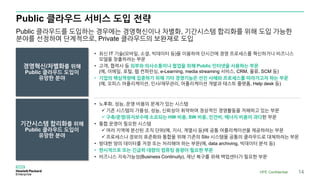 Public 클라우드 서비스 도입 전략
Public 클라우드를 도입하는 경우에는 경영혁신이나 차별화, 기간시스템 합리화를 위해 도입 가능한
분야를 선정하여 단계적으로, Private 클라우드의 보완재로 도입
경영혁신/차별화를 위해
Public 클라우드 도입이
유망한 분야
HPE Confidential 14
기간시스템 합리화를 위해
Public 클라우드 도입이
유망한 분야
• 노후화, 성능, 운영 비용의 문제가 있는 시스템
 기존 시스템의 가용성, 성능, 신뢰성이 취약하여 정상적인 경영활동을 저해하고 있는 부문
 구축/운영/유지보수에 소요되는 HW 비용, SW 비용, 인건비, 에너지 비용이 과다한 부문
• 통합 운영이 필요한 시스템
 여러 지역에 분산된 조직 단위(예, 지사, 계열사 등)에 공통 어플리케이션을 제공하려는 부문
 프로세스나 정보의 표준화와 통합을 위해 기존의 Silo 시스템을 공통의 클라우드로 대체하려는 부문
• 방대한 양의 데이터를 저장 또는 처리해야 하는 부문(예, data archiving, 빅데이터 분석 등)
• 한시적으로 또는 긴급히 대량의 컴퓨팅 용량이 필요한 부문
• 비즈니스 지속가능성(Business Continuity), 재난 복구를 위해 백업센터가 필요한 부문
• 최신 IT 기술(모바일, 소셜, 빅데이터 등)을 이용하여 단시간에 경영 프로세스를 혁신하거나 비즈니스
모델을 창출하려는 부문
• 고객, 협력사 등 외부와 의사소통이나 협업을 위해 Public 인터넷을 사용하는 부문
(예, 이메일, 포털, 웹 컨퍼런싱, e-Learning, media streaming 서비스, CRM, 물류, SCM 등)
• 기업의 핵심역량에 집중하기 위해 기타 경영기능은 선진 사례와 프로세스를 따라가고자 하는 부문
(예, 오피스 어플리케이션, 인사/재무관리, 어플리케이션 개발과 테스트 플랫폼, Help desk 등)
 