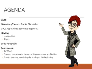 AGENDA
QUIZ
Chamber of Secrets Quote Discussion
GPU: Appositives, sentence fragments
Review
◦ Introduction
◦ Thesis
Body Paragraphs
Conclusions:
◦ So What?
◦ Connect your essay to the world: Propose a course of Action
◦ Frame the essay by relating the ending to the beginning
 