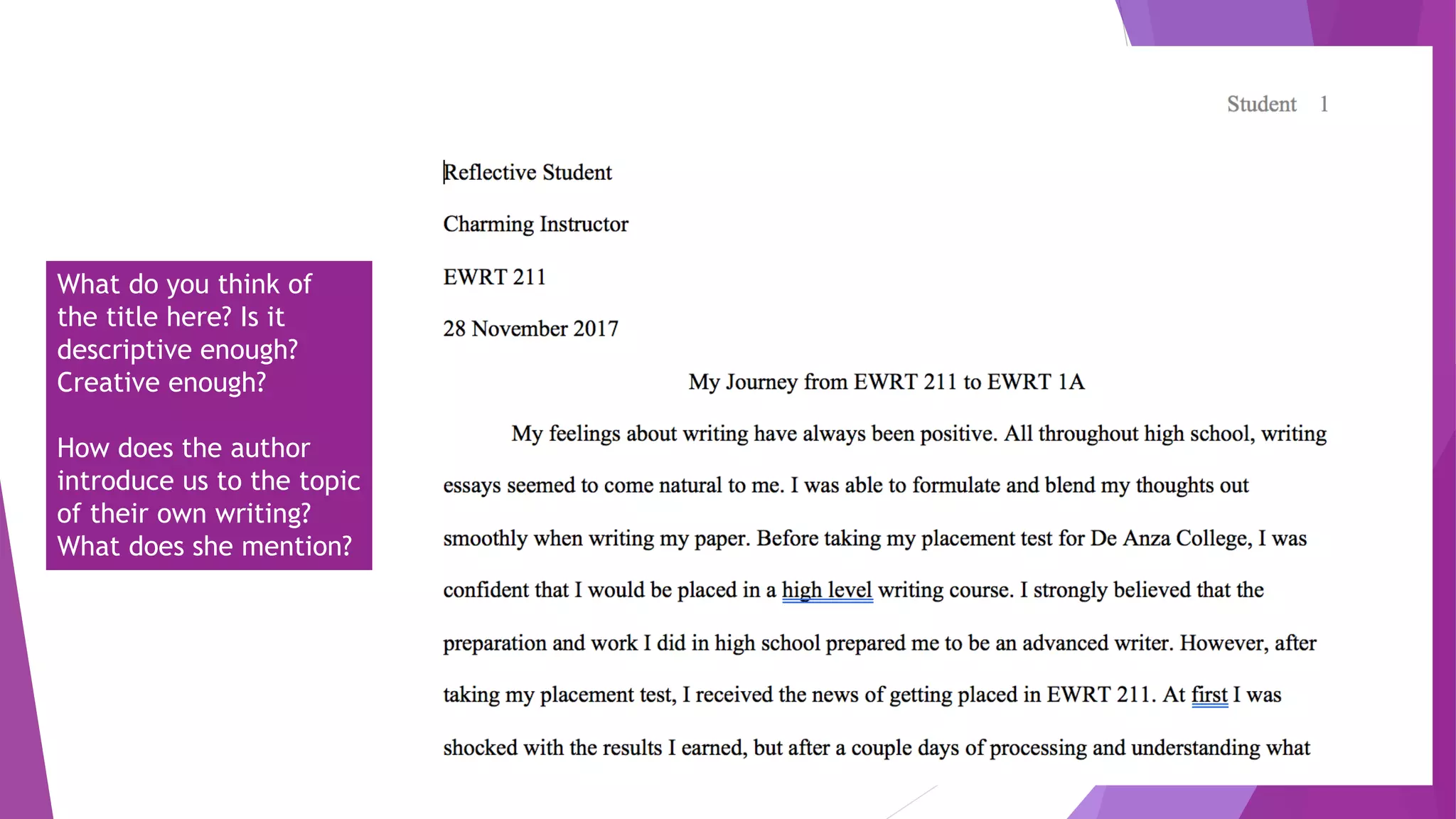 What do you think of
the title here? Is it
descriptive enough?
Creative enough?
How does the author
introduce us to the topic
of their own writing?
What does she mention?
 