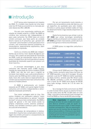 REMANUFATURA DO CARTUCHO DA HP 2600




    introdução

        A HP lançou esta impressora em meados                 Por ser um lançamento muito recente, a
de 2005. É o modelo mais barato da linha laser        indústria de remanufatura ainda não fabricou um
color da HP Pode-se encontrá-la no mercado por
            .                                         pó específico de qualidade para este modelo.
valor abaixo dos R$ 1.300,00.                         Cilindros e outras peças também estão em fase
                                                      de desenvolvimento e logo estarão disponíveis no
        Ela vem com importantes melhorias em          mercado.
relação ao modelo anterior, a 2550. Na 2600 os
cilindros dos cartuchos são independentes (1                 Desta forma teremos que utilizar o pó da
para cada cartucho). Na 2550 havia um único           HP 3500 que utiliza tecnologia semelhante.
cilindro principal, que fazia parte da unidade        Alguns clientes já utilizaram com sucesso o pó da
Drum e servia os 4 cartuchos, que giravam em          HP 2550 que é bem mais barato, porém ele é um
“carrossel” para transferir o toner para esse único   pouco mais grosso e menos recomendado.
cilindro. Isso ocasionava diversos problemas na
remanufatura, especialmente vazamentos, além                 A 2600 possui os seguintes cartuchos e
da lentidão na impressão.                             capacidades:

       Como os cilindros da 2600 são indepen-
dentes ela se tornou mais rápida (8 páginas por         CIANO Q6001A          - 2.000 CÓPIAS - 80g
minuto). Tem o dobro da velocidade de impressão
da 2550, custo de manutenção menor pois não             MAGENTA Q6003A - 2.000 CÓPIAS - 80g
possui unidade Drum de troca periódica e possui
qualidade de impressão superior por possuir um          AMARELO Q6002A - 2.000 CÓPIAS - 80g
toner mais fino.
                                                        PRETO Q6000A          - 2.500 CÓPIAS - 90g
         A principal desvantagem é que seus
cartuchos são menores (para 2.000 cópias),
metade da capacidade de outros modelos (2550                  O toner da HP 3500 vem com 170g o color
e 3500). Isso não fez com que o original se           e 190g o preto, portanto cada frasco de toner da
tornasse mais barato, que custa praticamente o        HP 3500 equivale a mais de 2 recargas. Só para
mesmo valor da 2550 que tem o dobro de capaci-        exemplo: o pó da HP 3500 de melhor qualidade,
dade. Esse alto custo deve-se especialmente ao        da Static Control, vendido pela Win Brasil custa
cilindro que acompanha esse novo cartucho e não       R$ 180,00, portanto o custo de remanufatura
existia no modelo anteior.                            com o toner da HP 3500 sairá abaixo de 90,00
                                                      para cada recarga, menos de 1/3 do valor do
       A 2600 é praticamente um modelo                original.
reduzido da HP 3500, com painel digital frontal,
cartuchos com cilindros independentes e veloci-               Se a recarga for feita como toner da 2550
dade de impressão semelhante.                         o custo é ainda menor já que no mesmo fornece-
                                                      dor ele custa cerca de R$ 115,00 cada cor com
        Sua maior vantagem está no chip. Nos          150g, o que daria praticamente duas recargas do
outros modelos era necessário adquirir novos          toner da 2600 ou menos de 60,00 cada recarga.
chips a cada remanufatura ou aplicar “macetes
de reset” um pouco mais complicados. Na 2600 a                 Nota importante: A sugestão para
opção de ignorar o fim dos toners existe na             utilização de toner de outro modelo de impres-
própria impressora (como veremos posterior-             sora deve-se somente a falta de opção no
mente). Isso também contribuiu para a redução           mercado de toner para a 2600. O ideal sempre
do custo de remanufatura.                               é utilizar o pó específico. Não nos responsabili-
                                                        zamos por uso de insumos fora da especifica-
       O processo de remanufatura é relativa-           ção ou má procedência. O tema principal deste
mente fácil. A parte mais complicada é a desmon-        manual é o processo técnico que terá êxito com
tagem do cilindro principal e o esvaziamento da         a utilização de insumos de qualidade e aplica-
unidade de pó inutilizado.                              ção correta do processo.



                                                                           Prepared for LUIZBER
 