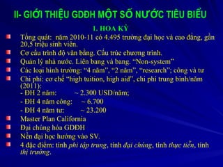 II- GI I THI U GDĐH M T S N C TIÊU BI U
Ớ Ệ Ộ Ố ƯỚ Ể
1. HOA KỲ
Tổng quát: năm 2010-11 có 4.495 trường đại học và cao đẳng, gần
20,5 triệu sinh viên.
Cơ cấu trình độ văn bằng. Cấu trúc chương trình.
Quản lý nhà nước. Liên bang và bang. “Non-system”
Các loại hình trường: “4 năm”, “2 năm”, “research”; công và tư
Chi phí: cơ chế “high tuition, high aid”, chi phí trung bình/năm
(2011):
- ĐH 2 năm: ~ 2.300 USD/năm;
- ĐH 4 năm công: ~ 6.700
- ĐH 4 năm tư: ~ 23.200
Master Plan California
Đại chúng hóa GDĐH
Nền đại học hướng vào SV.
4 đặc điểm: tính phi tập trung, tính đại chúng, tính thực tiễn, tính
thị trường.
 