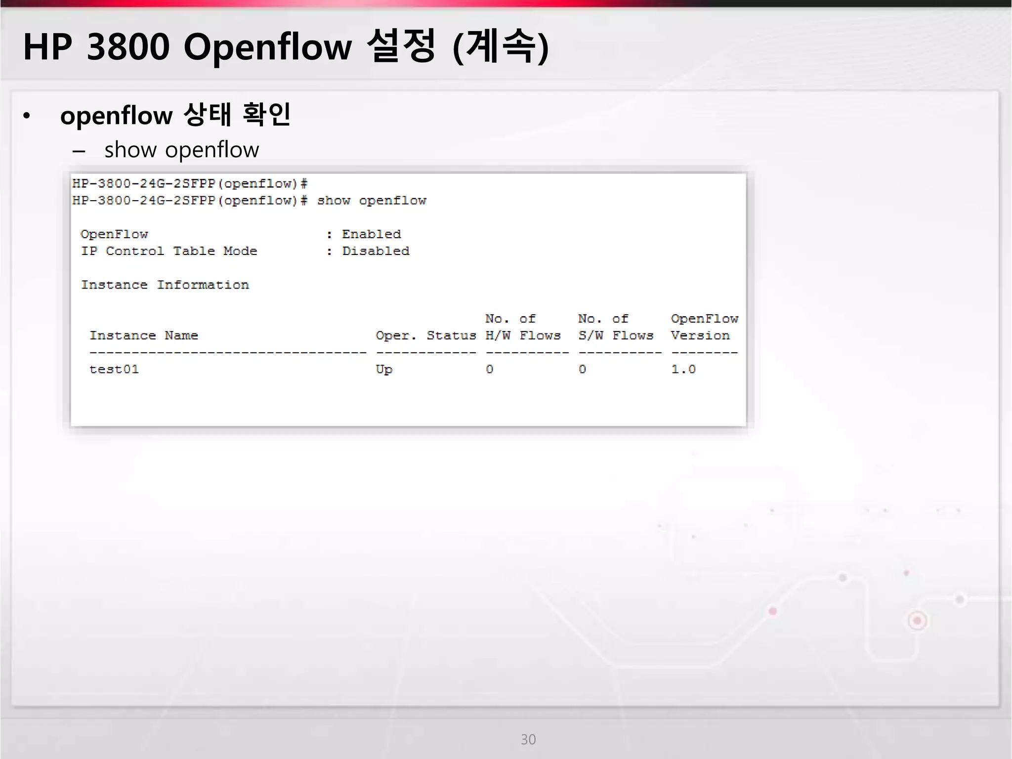 HP 3800 Openflow 설정 (계속) 
• openflow 상태 확인 
– show openflow 
30 
 