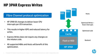 © Copyright 2014 Hewlett-Packard Development Company, L.P. The information contained herein is subject to change without notice.2
HP 3PAR
HP 3PAR Express Writes
Backend
• HP 3PAR OS changes to deliver lower CPU
interrupts per I/O transaction.
• This results in higher IOPS and reduced latency for
writes.
• Express Writes does not require any changes on
the initators side.
• All supported HBAs and Hosts will benefit of this
optimization.
Flash or HDD
Hosts
Optimized Writes –
fewer interrupts
Cache
Fibre Channel protocol optimization
Optimized code
 