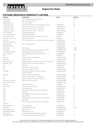 4                                                                                                                          HP4500 Technical Instructions

                                                                                  Engine Fact Sheet

FUTURE GRAPHICS PRODUCT LISTING
PRODUCT                                DESCRIPTION                                                          ITEM #                    PACK QT Y.
Cartridge Bag                          Heat-Sealable Black/Silver Anti-Static Foil                                                    100
Cartridge Box                          Tape-Top White Box/Blue Print                                                                  25
Cartridge Box Insert                   Die Cut Corrugated                                                                             50
Cartridge Box Label                    Two-Color Self-Adhesive, For Black and Color Cartridges              HP4500LABEL               100
Cartridge Tech Guide                   Remanufacturing Instructions – Black Toner                           HP450TECHBLACK            1
Cartridge Tech Guide                   Remanufacturing Instructions – Color Toner                           HP450TECHCMY              1
Cartridge Tech Guide                   Remanufacturing Instructions – Drum Unit                             HP450TECHDRUM             1
Chip – MultEPOM                        Compatible Replacement                                               HP4500CHIPC               1
Chip – MultEPOM Reset                  Reprogrammed Exchange                                                HP4500CHIPX               1
Chip Reset Device Kit                  Reset Device, 100 Resets included in Purchase Price                  HC458KIT                  1
Chip Reset Device Resets               Sold in Increments of 20                                             HC458RSET                 20
Contact Pin                            Shutter Support Electrical, for All Toner Hoppers, 2-Part Assembly   HP4500HOPRPIN             50
Contact Pin Removal Tool                                                                                    HP4500HOPRPIN             1
Developer Roller                       New, Color Developer Roll                                            HP4500DVRONYX             10
Developer Roller Felt                                                                                       HP4500DVRFELT
Doctor Blade                           Black Cartridge                                                      HP4000DRBALDEK            10/240
Doctor Blade                           Color Cart, Molded both Sides, Copper (Do Not Bend)                  HP4500DRBALDEK            10/200
Doctor Blade End Foams                 Doctor Blade Seal End Foams, Sold per Set                            HP4500DBFOAM
Doctor Blade Shim                      Black Cartridge, 0.004 Plastic Spacer, Use Two Per                   HP4000DBSHIM              100
Drum                                   Sinonar                                                              HP4500SNR                 5/25
Drum Kit                               Sinonar Drum and MultEPROM Chip                                      HP4500SNRCHPKIT           5
Hooper Rail                            34mm, Low Profile                                                    HP4500CLIP34MM            500
Mag Roller Bushing                     Small/Short, Large/Long, For Black Unit, Set of Two, Sold per Set    HP4500BUSHING             50
Mag Roller Sleeve                      New, Black Surface, For Black Toner Unit, Onyx                       HP4500MAGONYX             10
PCR                                    New, Onyx                                                            HP4000PCRONYX             10
PCR                                    New, Soft Foam Type, Extra Quiet                                     HP4000PCREQ               10
PCR                                    Soft Foam Type, Onyx, Extra Quiet                                    HP4000PCONYXEQ            10
PCR Saddle                             1-Piece, Non-Conductive Contact Clip w/Spring,                       HP4500PCRSADDL1           50
                                       for Drum Unit, White
PCR Saddle                             Two-Piece Conductive, With Spring                                    HP4500PCRSADDL2           50
Seal                                   Adhesive Onyx Gray, Foam – For Black Unit                            HP4500SEALONYX            50
Seal                                   Adhesive GoldSeal – For Black and Color Units                        HP4500GOLSDSEAL           50
Seal Channel End Foams                 Seal End Foam Set, Sold per Set                                      HP4500ENDFOAMS
Seal Channel End Foam                                                                                       HP4500RAILFOAM
Sutter Film                            Shutter Film and Tape                                                HP4500FILM
Sutter Stopper                         Toner Hopper Shutter Stopper                                         HP4500HOPRLOCK            50
Toner                                  390 gm Bottle, Black                                                 HP4500TNR390B             10
Toner                                  Black Bulk Bag, 22 lb Per-Fill – Box of 1, Sold per Box              HP4500B10KG               1
Toner                                  Cyan, Onyx                                                           HP4500TNR200C             10
Toner                                  Cyan Bulk Bag, 22 lb Per-Fill – Box of 1, Sold per Box               HP4500C10KG               1
Toner                                  Magenta, Bottle                                                      HP4500TNR200M             10
Toner                                  Magenta Bulk Bag, 22 lb Per-Fill – Box of 1, Sold per Box            HP4500M10KG               1
Toner                                  Yellow, Bottle                                                       HP4500TNR200Y             10
Toner                                  Yellow Bulk Bag, 22 lb Per-Fill – Box of 1, Sold per Box             HP4500Y10KG               1
Toner, MICR                                                                                                                           10
Toner Supply Roller                    Toner “Adder” Roller                                                 HP4500SUPPLY              10
Wiper Blade                            Kuroki, Blade Only, No Tape                                          HP2100WBLADEK             10/200
Wiper Blade gap Tool                   0.080 Inch, Plastic                                                  HP4500WBGAPTOOL           1
Wiper Blade Instructions               Installation Instructions                                            HP4500WBTECH              1
Wiper Blade Kit                        10 Wiper Blades/20 Strips of Tape/Instructions Kit                   HP4500WBKIT               10
Wiper Blade Tape Set                   Use Two Strips Per Cartridge, Pack of 10 Strips                      HP4500WBTAPE              10



                                   Future Graphics (FG) is a distributor of compatible replacement parts and products for imagining equipment.
                      None of FG's products are genuine OEM replacement parts and no affiliation or sponsorship is to be implied between FG and any OEM.
 