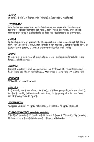 Página 3-20
TEMPO
yr (ano), d (dia), h (hora), min (minuto), s (segundo), Hz (hertz)
VELOCIDADE
m/s (metro por segundo), cm/s (centímetro por segundo), ft/s (pés por
segundo), kph (quilômetro por hora), mph (milha por hora), knot (milha
náutica por hora), c (velocidade da luz), ga (aceleração da gravidade)
MASSA
kg (quilograma), g (grama), Lb (libra-peso), oz (onça), slug (slug), lbt (libra
troy), ton (ton curta), tonUK (ton longa), t (ton métrica), ozt (polegada troy), ct
(carat), grain (grão), u (massa atômica unificada), mol (mole)
FORÇA
N (newton), dyn (dine), gf (grama-força), kip (-quilograma-força), lbf (libra-
força), pdl (libra-massa)
ENERGIA
J (joule), erg (erg), Kcal (quilocaloria), Cal (caloria), Btu (btu internacional),
ft×lbf (libra-pé), therm (termal EEC), MeV (mega eletro-volt), eV (eletro-volt)
POTÊNCIA
W (watt), hp (cavalo-vapor),
PRESSÃO
Pa (pascal), atm (atmosfera), bar (bar), psi (libras por polegada quadrada),
torr (torr), mmHg (milímetros de mercúrio), inHg (polegadas de mercúrio),
inH20 (polegadas de água),
TEMPERATURA
oC (grau Celsius), oF (grau Fahrenheit), K (Kelvin), oR (grau Rankine),
CORRENTE ELÉTRICA (medidas elétricas)
V (volt), A (ampère), C (coulomb), Ω (ohm), F (farad), W (watt), Fdy (faraday),
H (henry), mho (mho), S (siemens), T (tesla), Wb (weber)
 