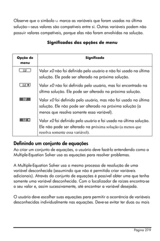 Página 27-9
Observe que o símbolo š marca as variáveis que foram usadas na última
solução—seus valores são compatíveis entre si. Outras variáveis podem não
possuir valores compatíveis, porque elas não foram envolvidas na solução.
Significados das opções de menu
Definindo um conjunto de equações
Ao criar um conjunto de equações, o usuário deve fazê-lo entendendo como a
Multiple-Equation Solver usa as equações para resolver problemas.
A Multiple-Equation Solver usa o mesmo processo de resolução de uma
variável desconhecida (assumindo que não é permitido criar variáveis
adicionais). Através do conjunto de equações é possível obter uma que tenha
somente uma variável desconhecida. Com o localizador de raízes encontra-se
o seu valor e, assim sucessivamente, até encontrar a variável desejada.
O usuário deve escolher suas equações para permitir a ocorrência de variáveis
desconhecidas individualmente nas equações. Deve-se evitar ter duas ou mais
Opção de
menu
Significado
!!!!!!!!!X0!!!!!!!!! Valor x0 não foi definido pelo usuário e não foi usado na última
solução. Ele pode ser alterado na próxima solução.
!!!!!!!X0!!ëëëë!!! Valor x0 não foi definido pelo usuário, mas foi encontrado na
última solução. Ele pode ser alterado na próxima solução.
$$X0$$ Valor x0 foi definido pelo usuário, mas não foi usado na última
solução. Ele não pode ser alterado na próxima solução (a
menos que resolva somente essa variável).
$#X0#qqqq! Valor x0 foi definido pelo usuário e foi usado na última solução.
Ele não pode ser alterado na próxima solução (a menos que
resolva somente essa variável).
 