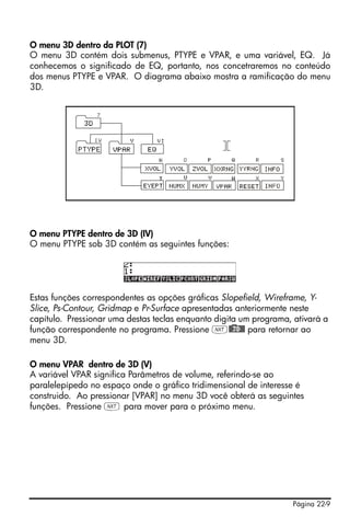 Página 22-9
O menu 3D dentro da PLOT (7)
O menu 3D contém dois submenus, PTYPE e VPAR, e uma variável, EQ. Já
conhecemos o significado de EQ, portanto, nos concetraremos no conteúdo
dos menus PTYPE e VPAR. O diagrama abaixo mostra a ramificação do menu
3D.
O menu PTYPE dentro de 3D (IV)
O menu PTYPE sob 3D contém as seguintes funções:
Estas funções correspondentes as opções gráficas Slopefield, Wireframe, Y-
Slice, Ps-Contour, Gridmap e Pr-Surface apresentadas anteriormente neste
capítulo. Pressionar uma destas teclas enquanto digita um programa, ativará a
função correspondente no programa. Pressione L@)@3D@@ para retornar ao
menu 3D.
O menu VPAR dentro de 3D (V)
A variável VPAR significa Parâmetros de volume, referindo-se ao
paralelepípedo no espaço onde o gráfico tridimensional de interesse é
construido. Ao pressionar [VPAR] no menu 3D você obterá as seguintes
funções. Pressione L para mover para o próximo menu.
 
