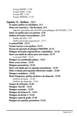 Página Índ-11
Função IMAGE ,11-56
Função ISOM ,11-56
Função KER ,11-57
Função MKISOM ,11-57
Capítulo 12 - Gráficos ,12-1
As opções gráficas na calculadora ,12-1
Plotar uma expresão y = f(x) (Function) ,12-2
Algumas operações úteis de PLOT para plotagens de FUNÇÃO ,12-5
Salvar um gráfico para uso posterior ,12-8
Gráficos de funções transcendentais ,12-9
Gráfico de ln(X) ,12-9
Gráfico da função exponencial ,12-11
A variável PPAR ,12-12
Funções inverses e seus gráficos ,12-13
Resumo da operação de plotagem FUNCTION ,12-14
Plotagens de funções trigonométricas e hiperbólicas ,12-18
Gerar uma tabela de valores para uma função ,12-19
A variável TPAR ,12-19
Plotagens em coordenadas polares ,12-21
Plotar curvas cônicas ,12-23
Plotagens paramétricas ,12-25
Gerar uma tabela para as equações paramétricas ,12-27
Plotar a solução para equações diferenciais simples ,12-28
Plotagens verdadeiras ,12-30
Plotar histogramas, gráficos de barra e de dispersão ,12-32
Gráficos de barra ,12-32
Gráficos de dispersão ,12-34
Campos de inclinação ,12-36
Plotagens 'Fast 3D' ,12-37
Plotagens aramadas ,12-39
Plotagens de Contorno Ps ,12-41
Plotagens de divisão Y ,12-43
Plotagens mapa de grade ,12-44
Plotagens de superfície paramétrica ,12-45
 
