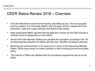 12
CEER Status Review 2016 – Overview
> Only the Netherlands require full ownership unbundling by law. The main purpose
was the creation of a ‘financially healthy’ grid manager, which is independent from
production, trade and supply activities and delivers high quality
> Most participating NRAs reported that the legal form chosen for the DSO ensures a
sufficient level of independence of the DSOs
> Almost half of the Member States have adopted the exemption according to Art. 26
(4) Electricity/Gas Directive for DSOs with less than 100,000 connected customers
> Branding and communication is an issue since in some of the responding Member
States, DSOs have proven to create confusion in their branding and communication
policy
> The majority of NRAs are satisfied with the compliance programmes set up by the
DSOs
 