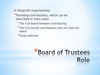 *
In Nonprofit organizations:
*Providing contributions, which can be
described in many ways:
*The % of board members contributing
*The % of overall contributions that are from the
board
*Funds solicited
 