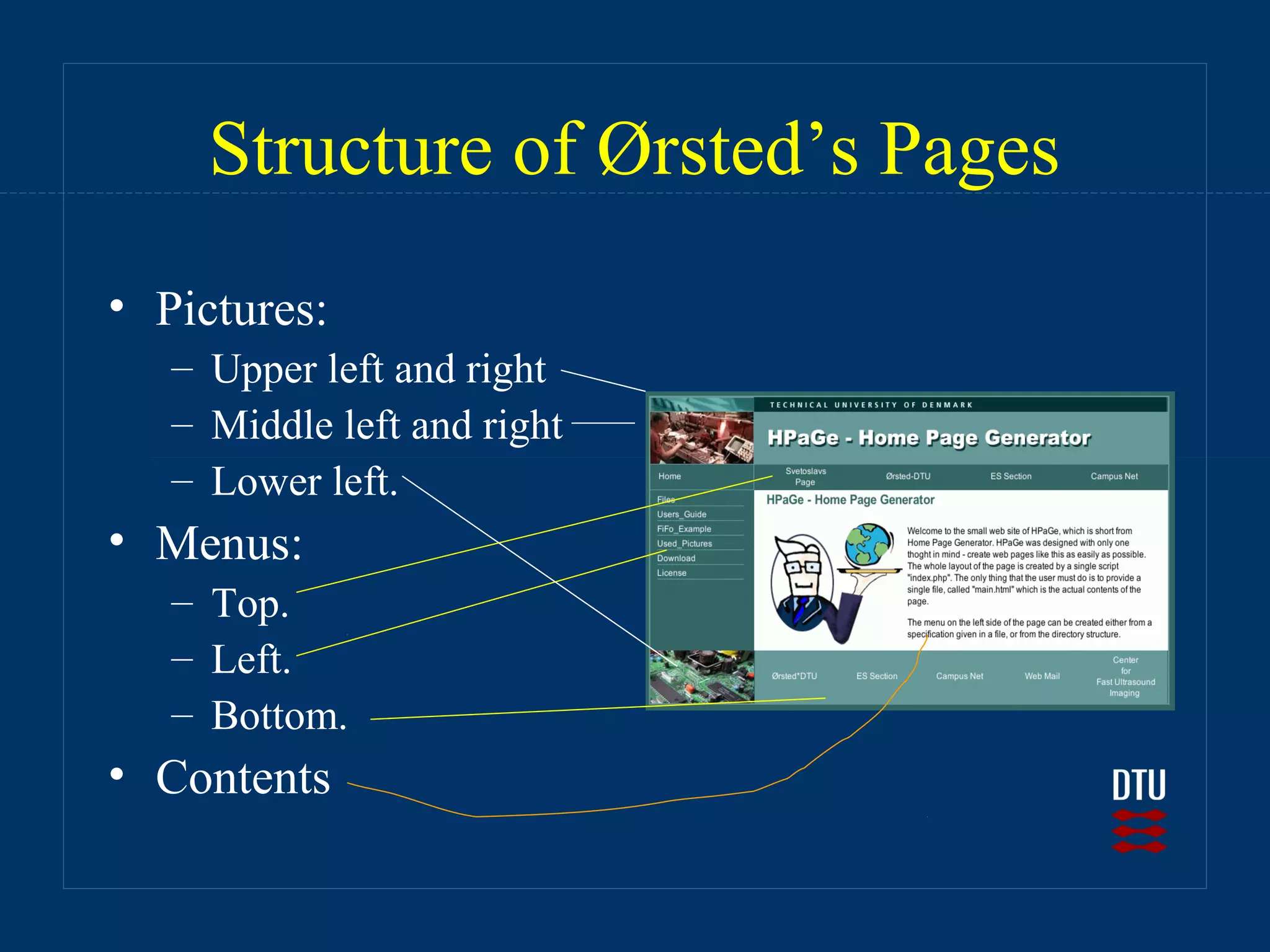 Structure of Ørsted’s Pages
• Pictures:
   – Upper left and right
   – Middle left and right
   – Lower left.
• Menus:
   – Top.
   – Left.
   – Bottom.
• Contents
 