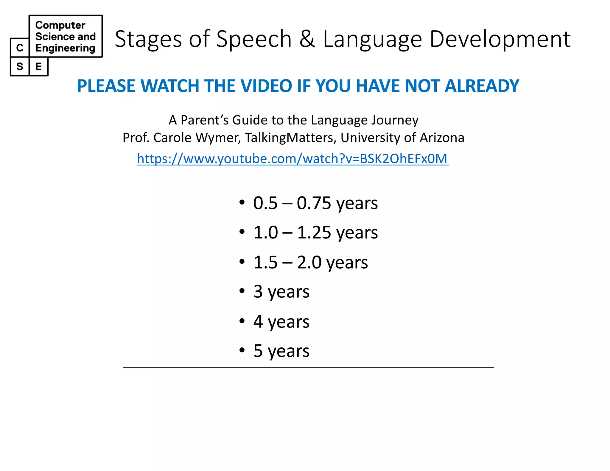 Stages of Speech & Language Development
• 0.5 – 0.75 years
• 1.0 – 1.25 years
• 1.5 – 2.0 years
• 3 years
• 4 years
• 5 years
https://www.youtube.com/watch?v=BSK2OhEFx0M
A Parent’s Guide to the Language Journey
Prof. Carole Wymer, TalkingMatters, University of Arizona
PLEASE WATCH THE VIDEO IF YOU HAVE NOT ALREADY
 