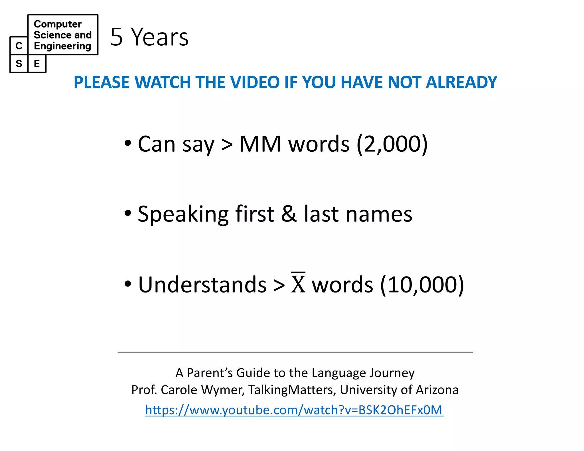5 Years
• Can say > MM words (2,000)
• Speaking first & last names
• Understands > !X words (10,000)
https://www.youtube.com/watch?v=BSK2OhEFx0M
A Parent’s Guide to the Language Journey
Prof. Carole Wymer, TalkingMatters, University of Arizona
PLEASE WATCH THE VIDEO IF YOU HAVE NOT ALREADY
 