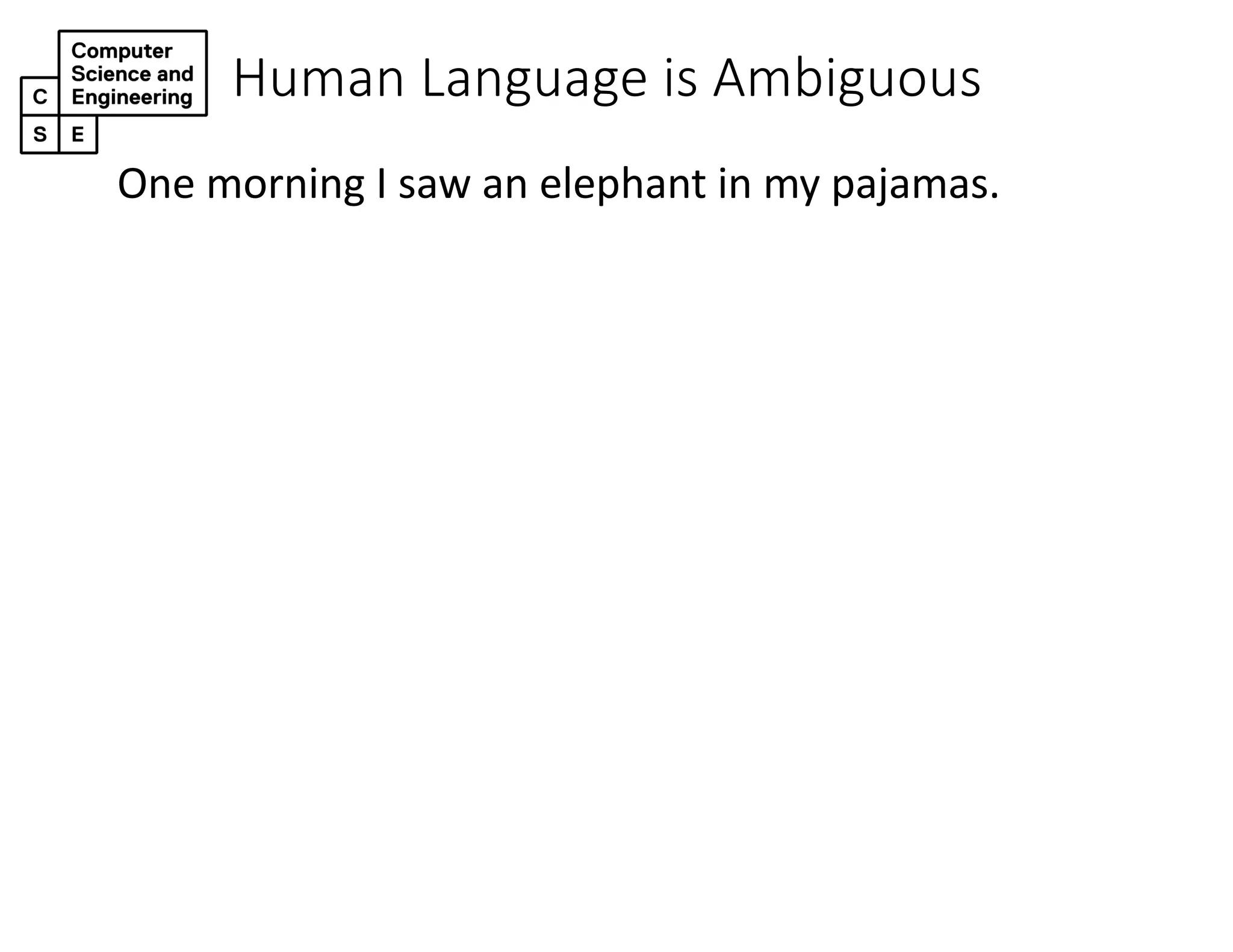 Human Language is Ambiguous
One morning I saw an elephant in my pajamas.
 