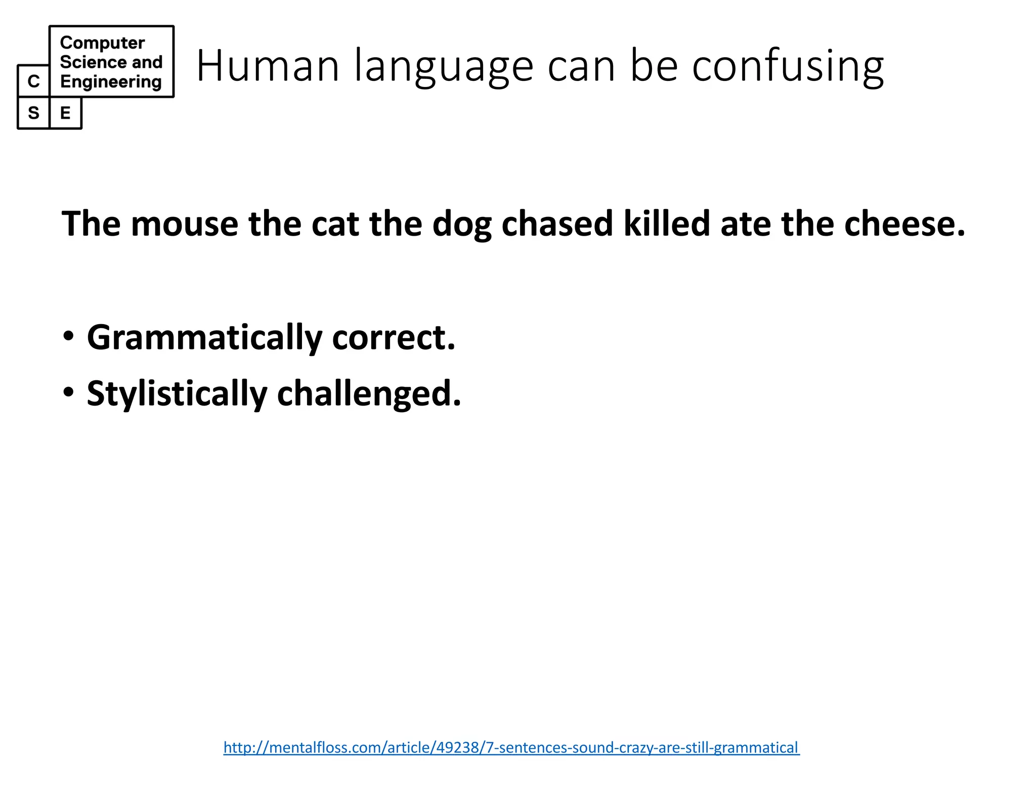 Human language can be confusing
http://mentalfloss.com/article/49238/7-sentences-sound-crazy-are-still-grammatical
The mouse the cat the dog chased killed ate the cheese.
• Grammatically correct.
• Stylistically challenged.
 