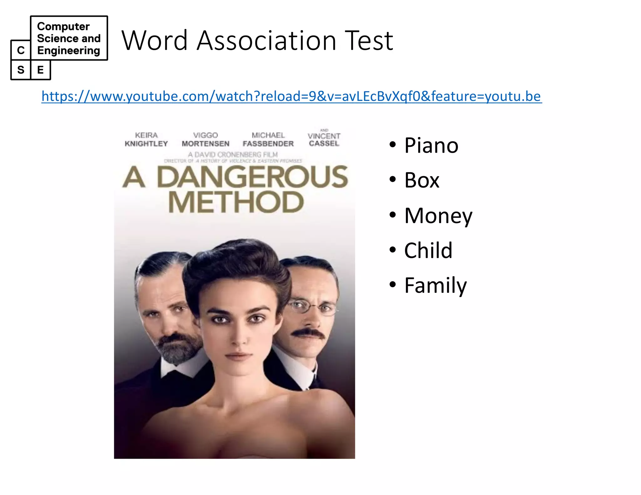 Word Association Test
• Piano
• Box
• Money
• Child
• Family
https://www.youtube.com/watch?reload=9&v=avLEcBvXqf0&feature=youtu.be
 