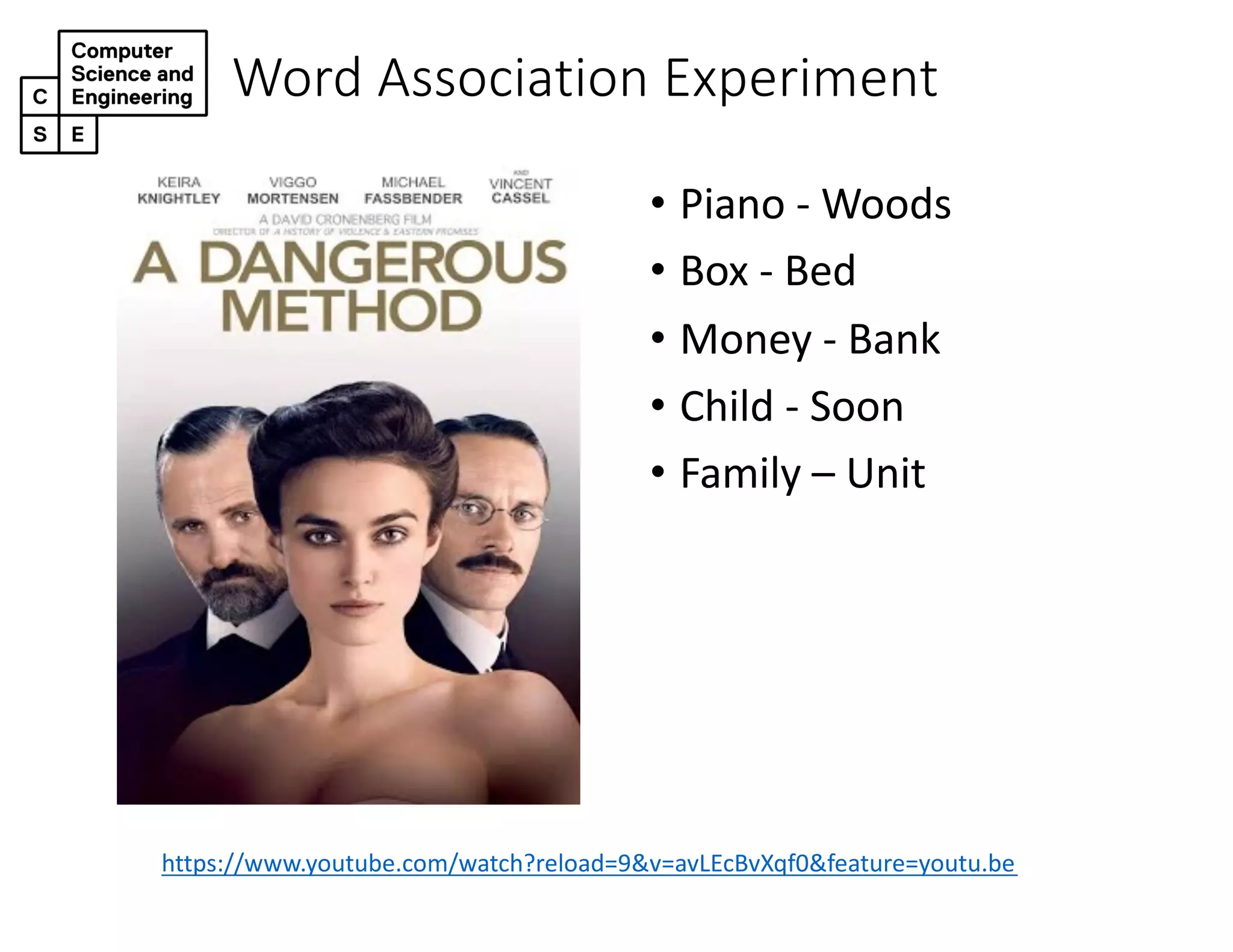 Word Association Experiment
• Piano - Woods
• Box - Bed
• Money - Bank
• Child - Soon
• Family – Unit
https://www.youtube.com/watch?reload=9&v=avLEcBvXqf0&feature=youtu.be
 