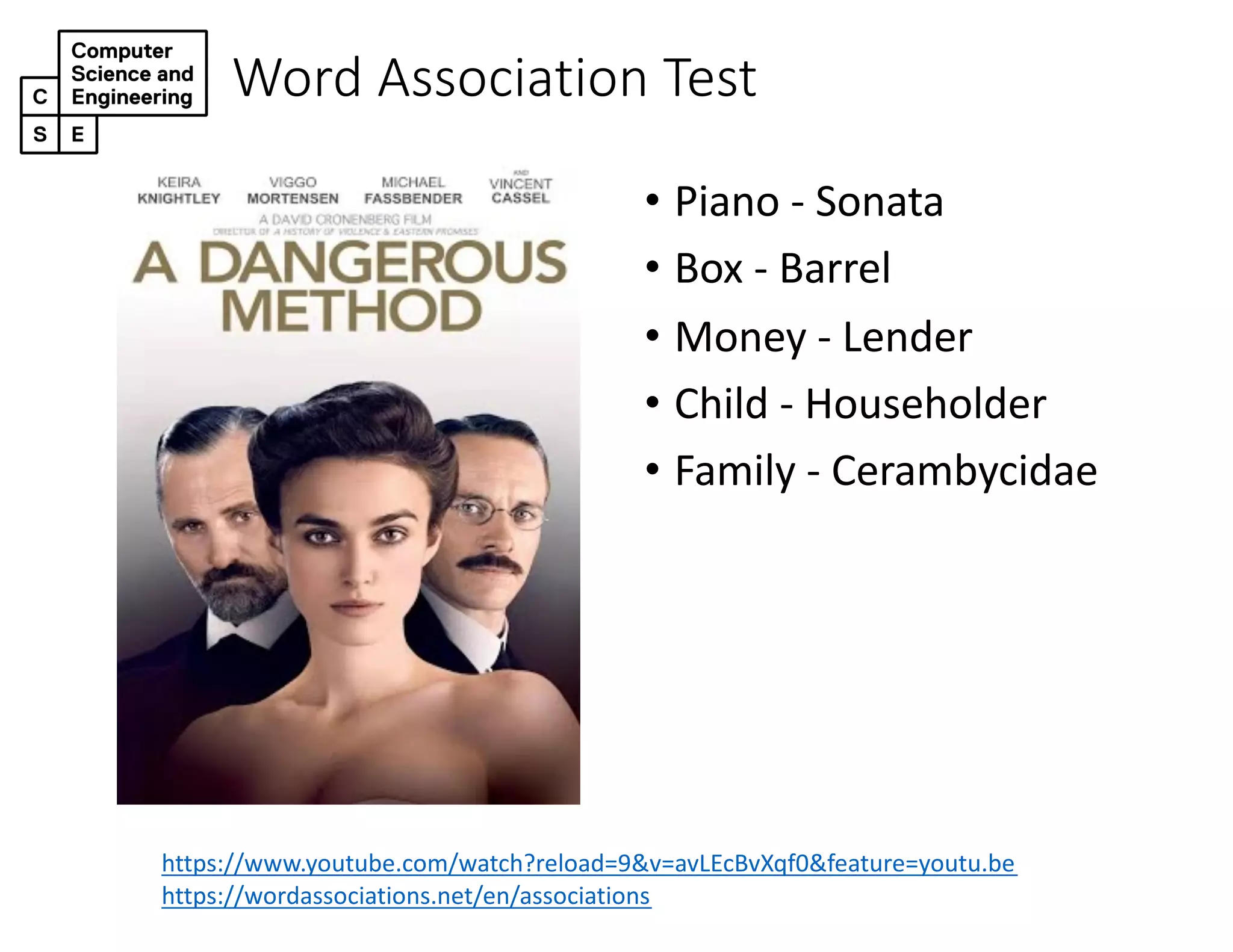 Word Association Test
• Piano - Sonata
• Box - Barrel
• Money - Lender
• Child - Householder
• Family - Cerambycidae
https://www.youtube.com/watch?reload=9&v=avLEcBvXqf0&feature=youtu.be
https://wordassociations.net/en/associations
 