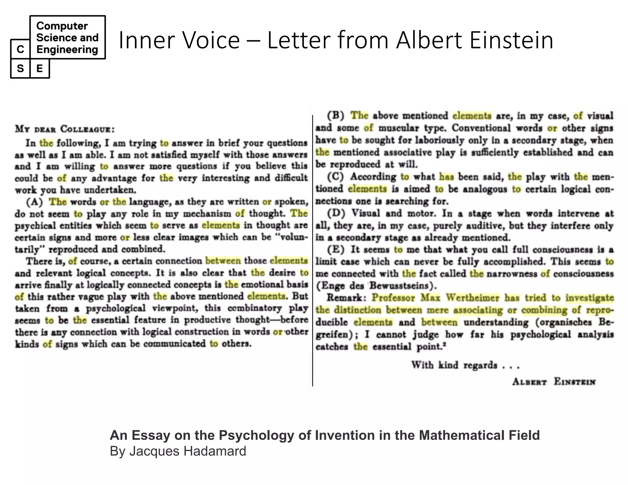 Inner Voice – Letter from Albert Einstein
An Essay on the Psychology of Invention in the Mathematical Field
By Jacques Hadamard
 