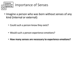 Importance+of+Senses
• Imagine(a(person(who(was(born(without(senses(of(any(
kind((internal(or(external):
• Could(such(a(person(know(they(exist?
• Would(such(a(person(experience(emotions?
• How$many$senses$are$necessary$to$experience$emotions?
 