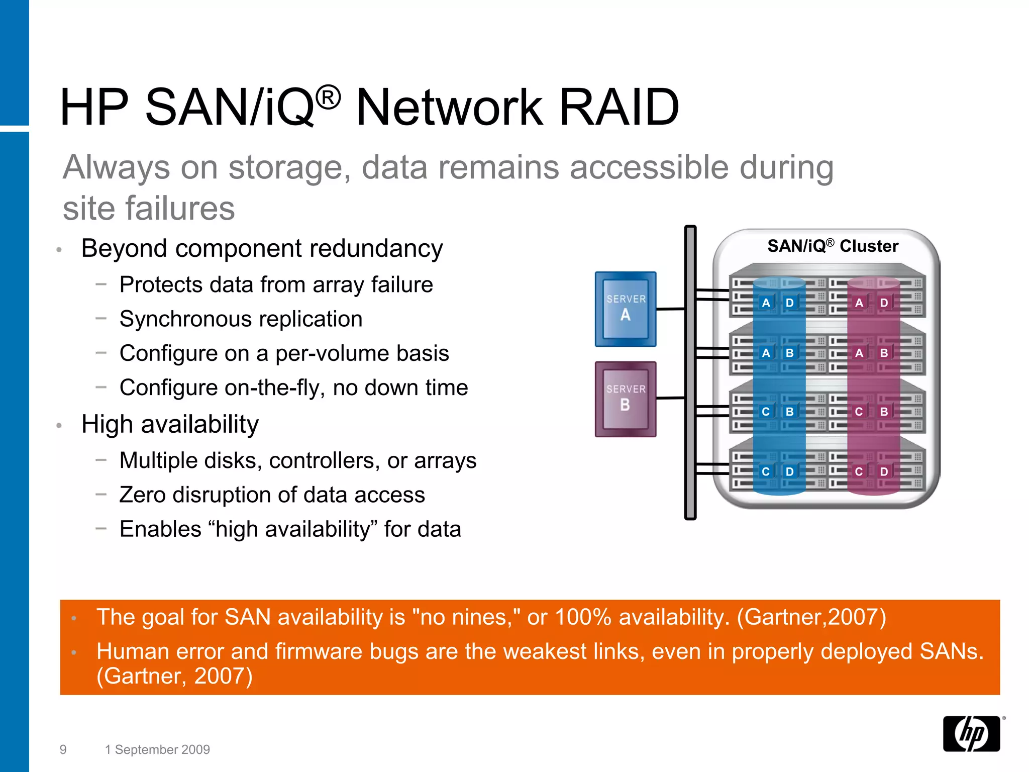 HP SAN/iQ® Network RAID
Always on storage, data remains accessible during
site failures
•       Beyond component redundancy                                          SAN/iQ® Cluster

         − Protects data from array failure
                                                                             A   D     A   D
         − Synchronous replication
         − Configure on a per-volume basis                                   A   B     A   B


         − Configure on-the-fly, no down time
                                                                             C   B    C    B
•       High availability
         − Multiple disks, controllers, or arrays                            C   D    C    D

         − Zero disruption of data access
         − Enables “high availability” for data


    •    The goal for SAN availability is "no nines," or 100% availability. (Gartner,2007)
    •    Human error and firmware bugs are the weakest links, even in properly deployed SANs.
         (Gartner, 2007)


9         1 September 2009
 