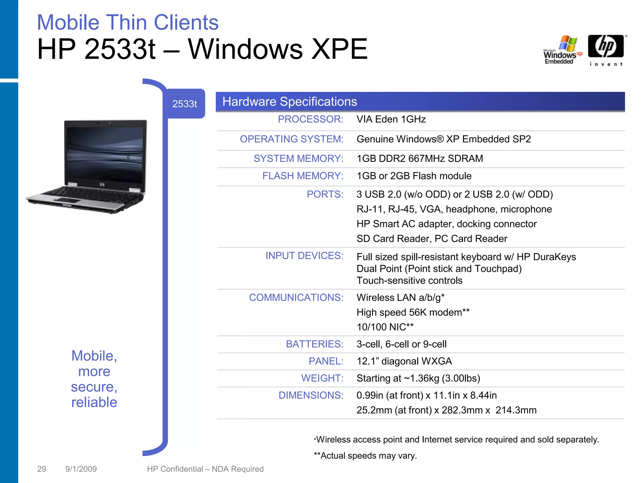 Mobile Thin Clients
HP 2533t – Windows XPE
                       2533t        Hardware Specifications
                                                    PROCESSOR:        VIA Eden 1GHz

                                        OPERATING SYSTEM:             Genuine Windows® XP Embedded SP2
                                            SYSTEM MEMORY:            1GB DDR2 667MHz SDRAM
                                              FLASH MEMORY:           1GB or 2GB Flash module
                                                         PORTS:       3 USB 2.0 (w/o ODD) or 2 USB 2.0 (w/ ODD)
                                                                      RJ-11, RJ-45, VGA, headphone, microphone
                                                                      HP Smart AC adapter, docking connector
                                                                      SD Card Reader, PC Card Reader
                                                  INPUT DEVICES:      Full sized spill-resistant keyboard w/ HP DuraKeys
                                                                      Dual Point (Point stick and Touchpad)
                                                                      Touch-sensitive controls
                                           COMMUNICATIONS:            Wireless LAN a/b/g*
                                                                      High speed 56K modem**
                                                                      10/100 NIC**
                                                     BATTERIES:       3-cell, 6-cell or 9-cell
      Mobile,                                            PANEL:       12.1” diagonal WXGA
       more                                             WEIGHT:       Starting at ~1.36kg (3.00lbs)
      secure,                                       DIMENSIONS:       0.99in (at front) x 11.1in x 8.44in
      reliable                                                        25.2mm (at front) x 282.3mm x 214.3mm

                                                          *Wireless   access point and Internet service required and sold separately.
                                                          **Actual speeds may vary.
29   9/1/2009    HP Confidential – NDA Required
 