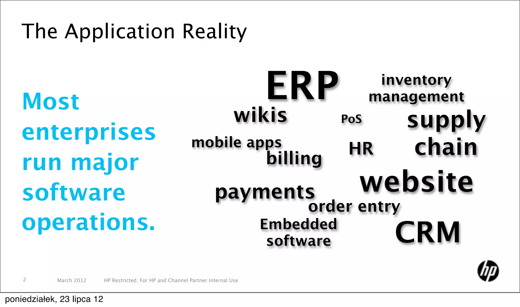 The Application Reality


    Most                                                                             ERP                inventory
                                                                                                       management
                                                                               wikis             PoS      supply
    enterprises                                                mobile apps
                                                                                     billing
                                                                                                  HR       chain
    run major
    software                                                            payments                   website
                                                                                          order entry
    operations.                                                                      Embedded
                                                                                      software           CRM
    2        March 2012     HP Restricted. For HP and Channel Partner Internal Use


poniedziałek, 23 lipca 12
 