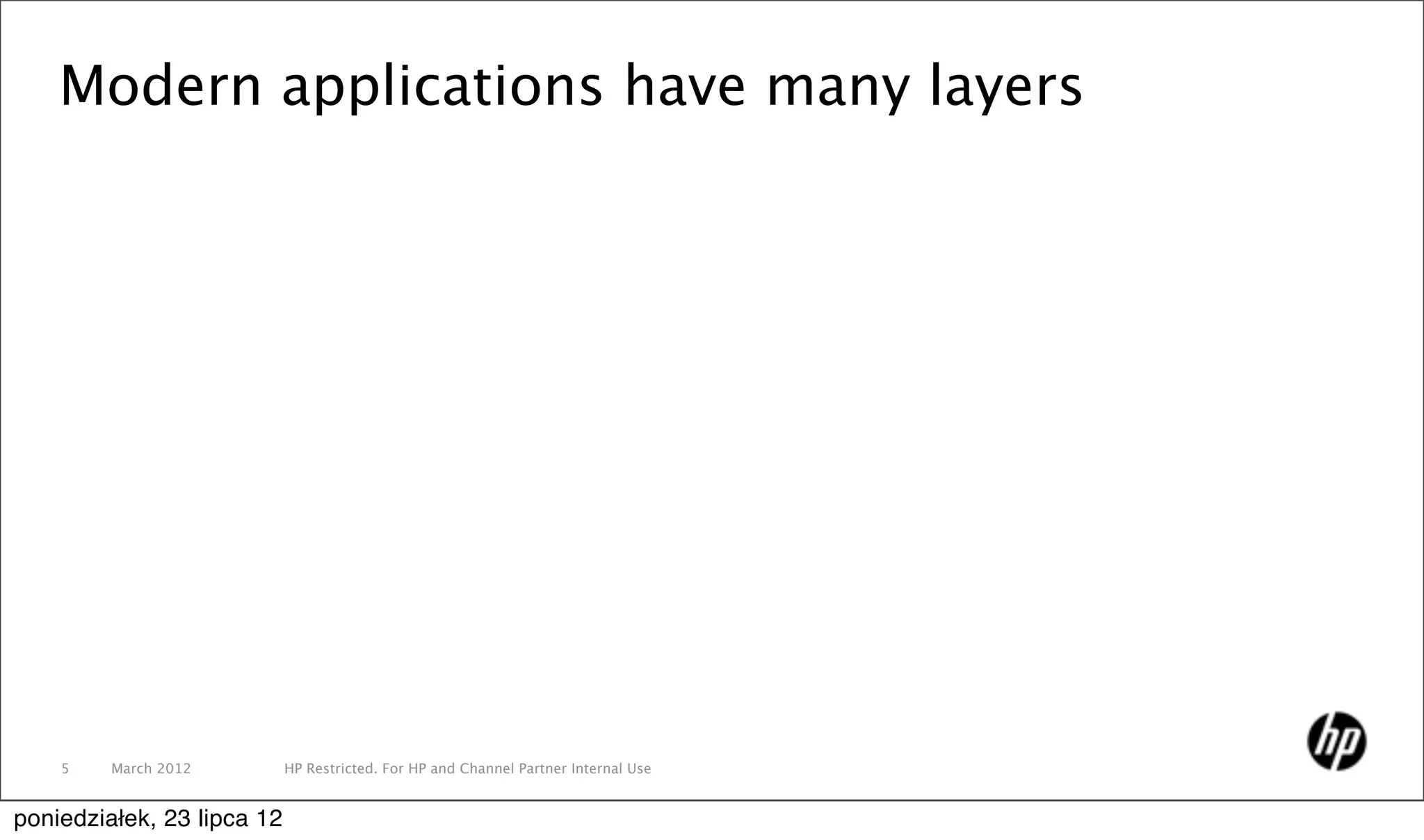 Modern applications have many layers




    5    March 2012         HP Restricted. For HP and Channel Partner Internal Use


poniedziałek, 23 lipca 12
 