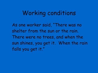 Working conditions As one worker said, “There was no shelter from the sun or the rain.  There were no trees, and when the sun shines, you get it.  When the rain falls you get it.” 