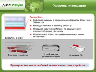 Уровень интеграции
 Собирают журналы в оригинальных форматах более чем с
300 систем
 Приводят события к единому формату
 Передают события на Manager по защищённому,
отказоустойчивому протоколу
 FlexConnector Wizard для добавления новых типов
источников
21
Стоечные устройства Устройства для
филиального офиса
Отдельное ПО
Доступны в виде:
Преимущества: Анализ событий независимо от типа устройства
Connectors
 