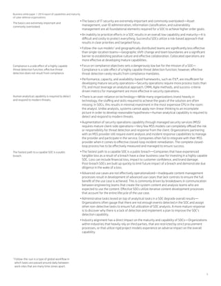 5
Business white paper | 2014 report of capabilities and maturity
of cyber defense organizations
•	The basics of IT security are extremely important and commonly overlooked—Asset
management, user ID administration, information classification, and vulnerability
management are all foundational elements required for a SOC to achieve higher order goals.
•	An inability to prioritize efforts in a SOC results in an overall low capability and maturity—It is
difficult and costly to protect everything. Successful SOCs utilize a risk-based approach that
results in clear priorities and targeted focus.
•	Follow-the-sun models3
and geographically distributed teams are significantly less effective
than single-location teams—Geographic shift-change and team boundaries are a significant
barrier to establishing positive culture and effective collaboration. Collocated operations are
more effective at developing mature capabilities.
•	Focus on compliance objectives sets a dangerously low bar for the mission of a SOC—
Compliance is a side effect of a highly capable threat detection function; however, effective
threat detection rarely results from compliance mandates.
•	Performance, capacity, and availability-based frameworks, such as ITIL®, are insufficient for
developing mature security operations—Security operations require more process tools than
ITIL and must leverage an analytical approach. CMMI, Agile methods, and success-criteria
driven metrics for management are more effective in security operations.
•	There is an over-reliance on technology—While many organizations invest heavily in
technology, the staffing and skills required to achieve the goals of the solution are often
missing. In SOCs, this results in minimal investment in the most expensive CPU in the room:
the analyst. Unlike analysts, systems cannot apply non-linear thinking to an incomplete
picture in order to develop reasonable hypotheses—human analytical capability is required to
detect and respond to modern threats.
•	Augmentation of security operations capability through managed security services (MSS)
requires mature client-side operations—Very few MSS models can completely offload the risk
or responsibility for threat detection and response from the client. Organizations partnering
with an MSS provider still require event analysis and incident response capabilities to manage
the provider and participate in the service. Companies often fail to integrate with their MSS
provider when it comes to effective closed-loop incident remediation. The complete closed-
loop process has to be effectively measured and managed to ensure success.
•	The fastest path to a capable SOC is a public breach—Companies that have experienced
tangible loss as a result of a breach have a clear business case for investing in a highly capable
SOC. Loss can include financial loss, impact to customer confidence, and brand damage.
Post-breach SOCs are built up quickly to limit future impact of a breach and demonstrate due
diligence in the wake of a loss.
•	Advanced use cases are not effectively operationalized—Inadequate content management
processes result in development of advanced use cases that lack controls to ensure the full
benefit of the use case is achieved. This is commonly driven by breakdowns in communication
between engineering teams that create the system content and analysis teams who are
expected to use the content. Effective SOCs utilize iterative content development processes
that account for the entire lifecycle of the use case.
•	Administrative tasks levied on top of analytical tasks in a SOC degrade overall results—
Organizations often gauge that there are not enough events detected in the SOC and assign
other non-detective tasks to ensure full utilization of SOC analysts. A more mature response
is to discover why there is a lack of detection and implement a plan to improve the SOC’s
detection capability.
•	Industry alignment has a direct impact on the maturity and capability of SOCs—Organizations
within industries that heavily rely on third parties, that are restricted by strict procurement
processes, or that utilize rigid project models experience an adverse impact on the overall
capability.
The basics are extremely important and
commonly overlooked.
3
Follow-the-sun is a type of global workflow in
which tasks are passed around daily between
work sites that are many time zones apart.
Compliance is a side effect of a highly capable
threat detection function; effective threat
detection does not result from compliance.
Human analytical capability is required to detect
and respond to modern threats.
The fastest path to a capable SOC is a public
breach.
 