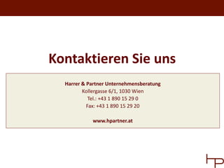 Kontaktieren Sie uns
  Harrer & Partner Unternehmensberatung
         Kollergasse 6/1, 1030 Wien
            Tel.: +43 1 890 15 29 0
           Fax: +43 1 890 15 29 20

            www.hpartner.at
 
