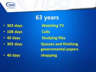63 years
•   303 days     Watching TV
•   108 days     Calls
•   40 days      Studying files
•   305 days    Queues and finishing
                governmental papers
• 40 days       shopping
 