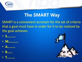 The SMART Way
SMART is a convenient acronym for the set of criteria
that a goal must have in order for it to be realized by
the goal achiever.
• S……….
• M………..
• A………
• R……
• T………
 