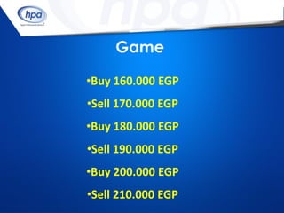 Game

•Buy 160.000 EGP
•Sell 170.000 EGP
•Buy 180.000 EGP
•Sell 190.000 EGP
•Buy 200.000 EGP
•Sell 210.000 EGP
 
