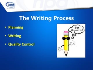 The Writing Process
• Planning

• Writing

• Quality Control
 