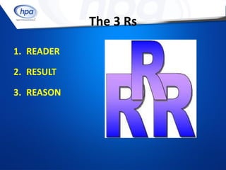 The 3 Rs

1. READER

2. RESULT

3. REASON
 