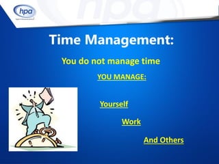 Time Management:
 You do not manage time
        YOU MANAGE:


         Yourself

               Work

                      And Others
 